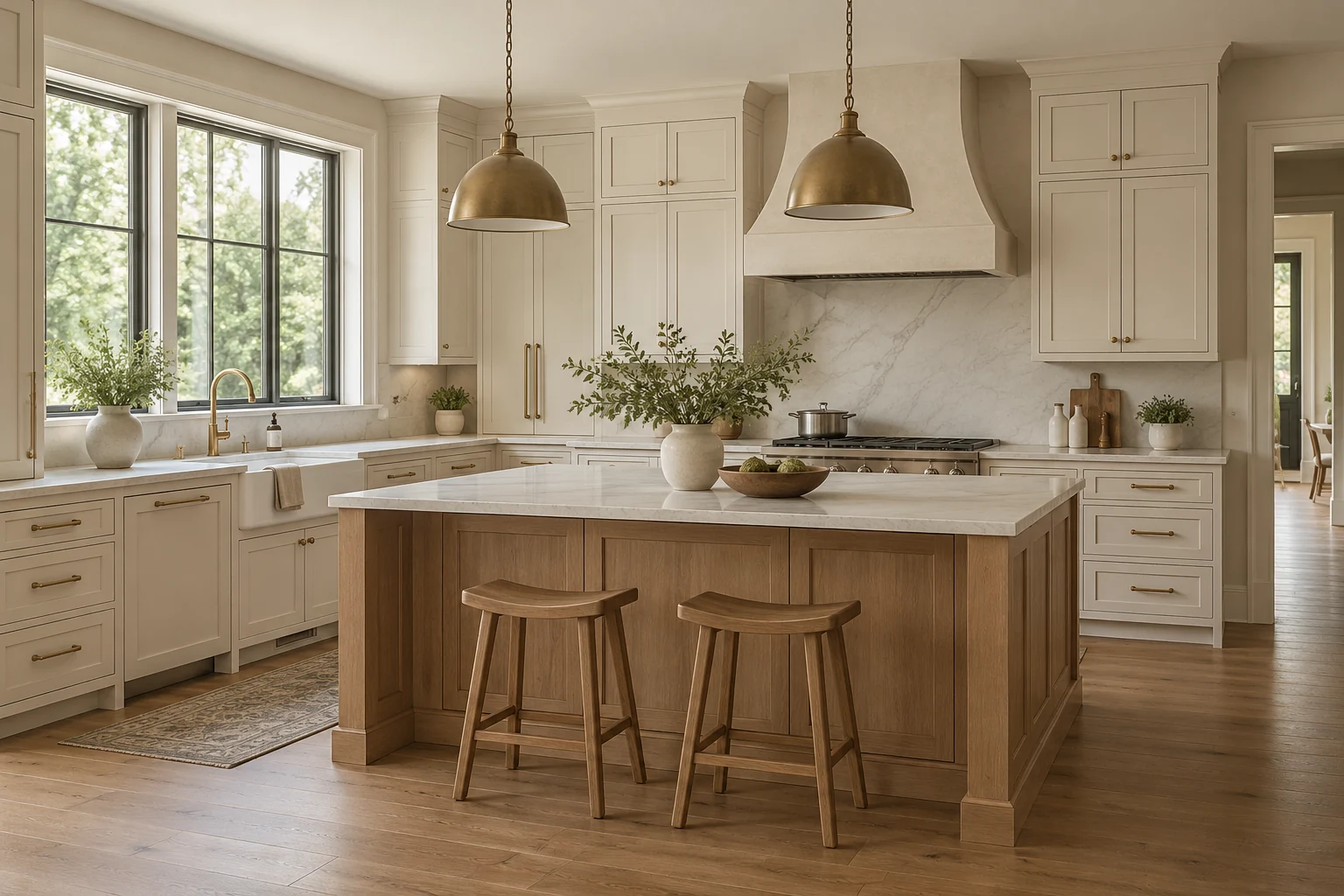 Warm white kitchen with a white oak island, stone counters, and brass pendants