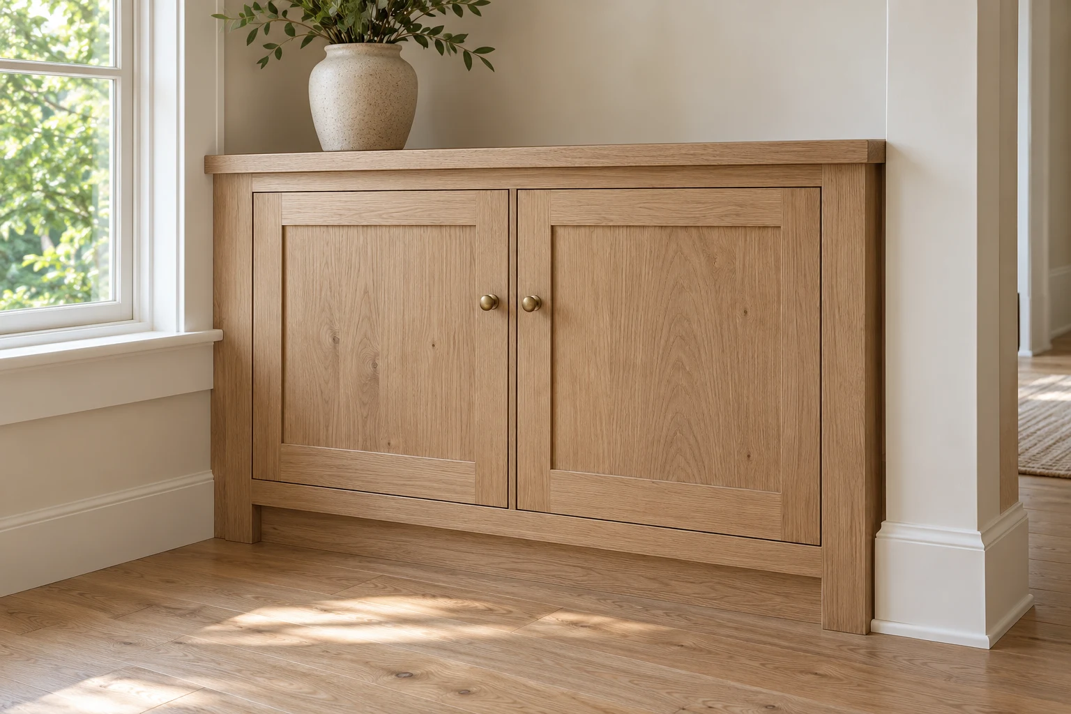 Craftsmanship inspiration: finished white oak cabinetry with inset doors and brass knobs