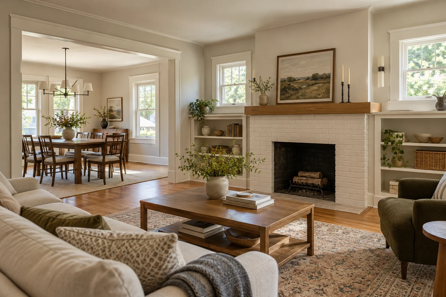 Living room with oak floors, a painted brick fireplace, and an opening into the dining room